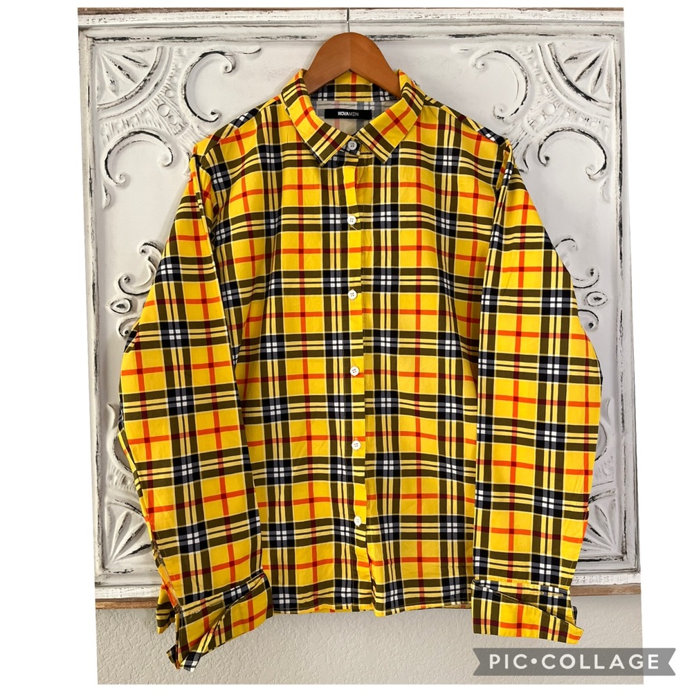 FASHION NOVA Yellow Plaid Button Down Shirt Unisex M/L Cotton Contrast Cuffs